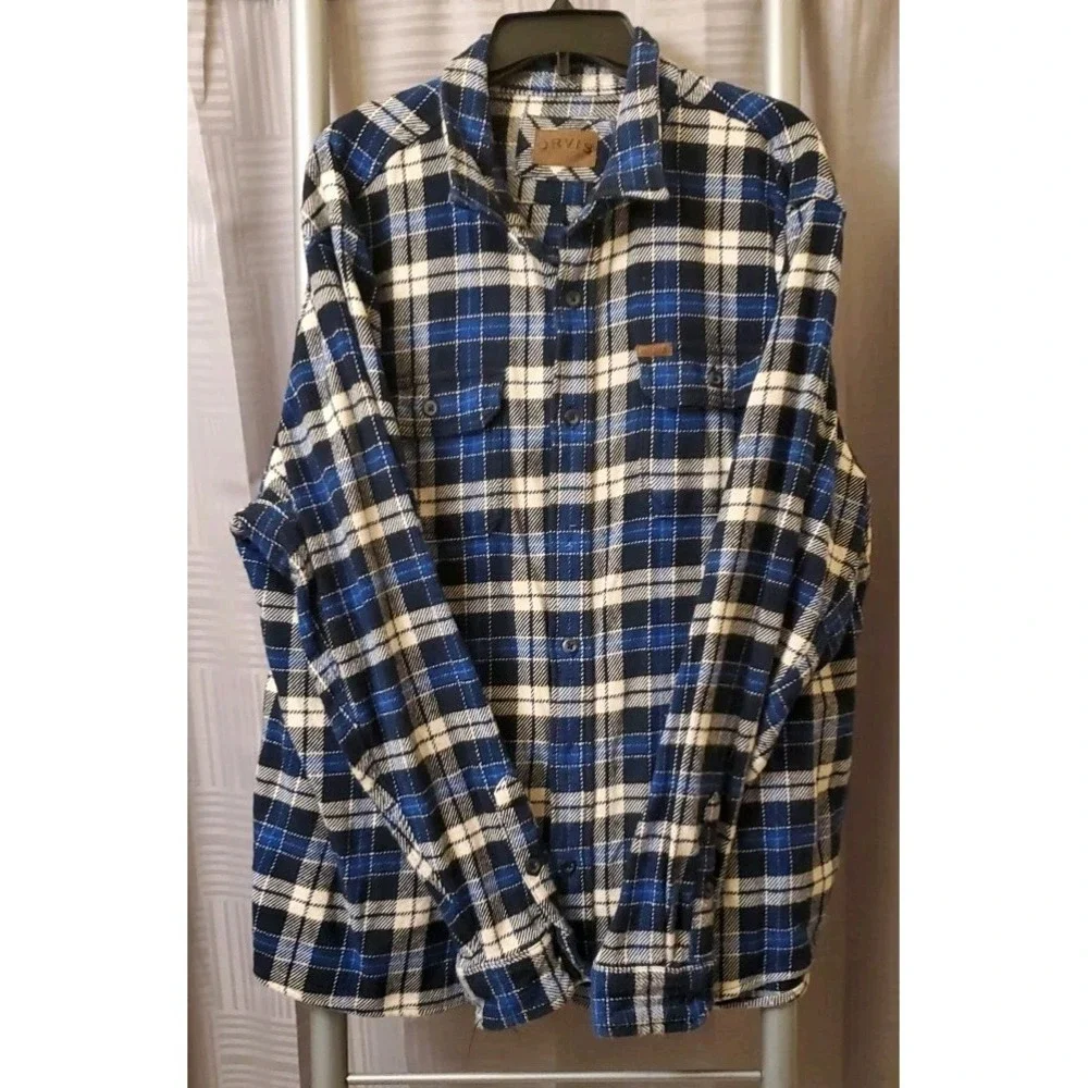 Orvis Heavy Flannel Shirt Jacket Mens XL Blue Plaid Hand Pockets‎ Cotton Shacket